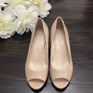 Calvin Klein Nude Patent Peep Toe Wedges